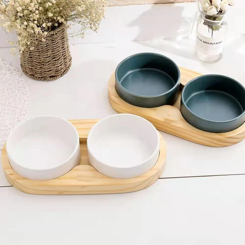 Ceramic Dog Bowls set with wooden mat with logo carved Pet Food Drinking Bowls