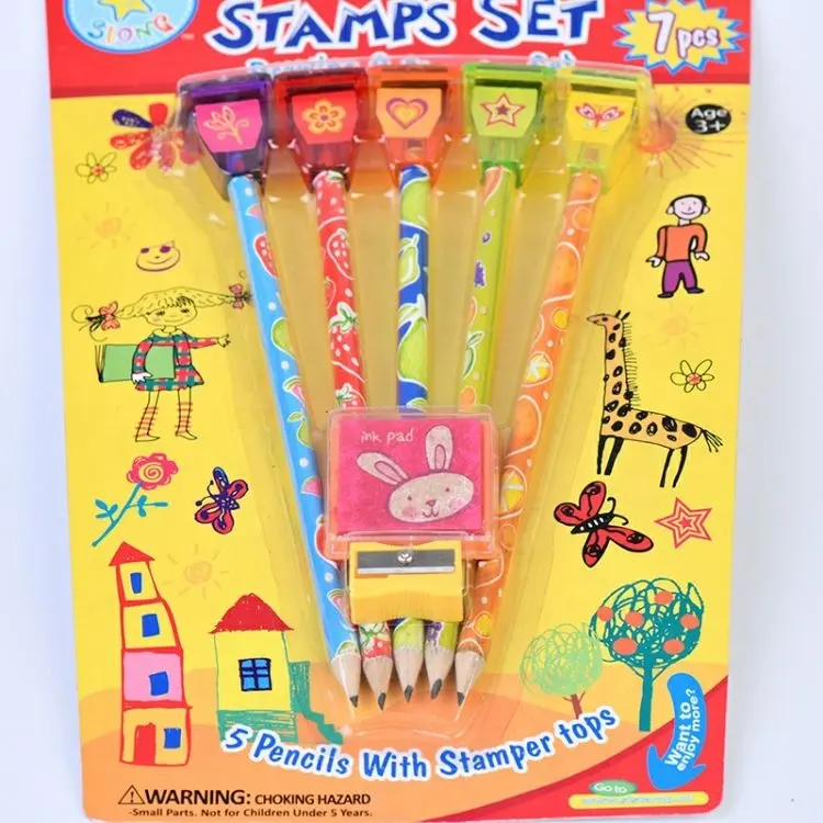 Factory Price plastic stamps 5 pencils with stamper tops customized eco friendly plastic stamp