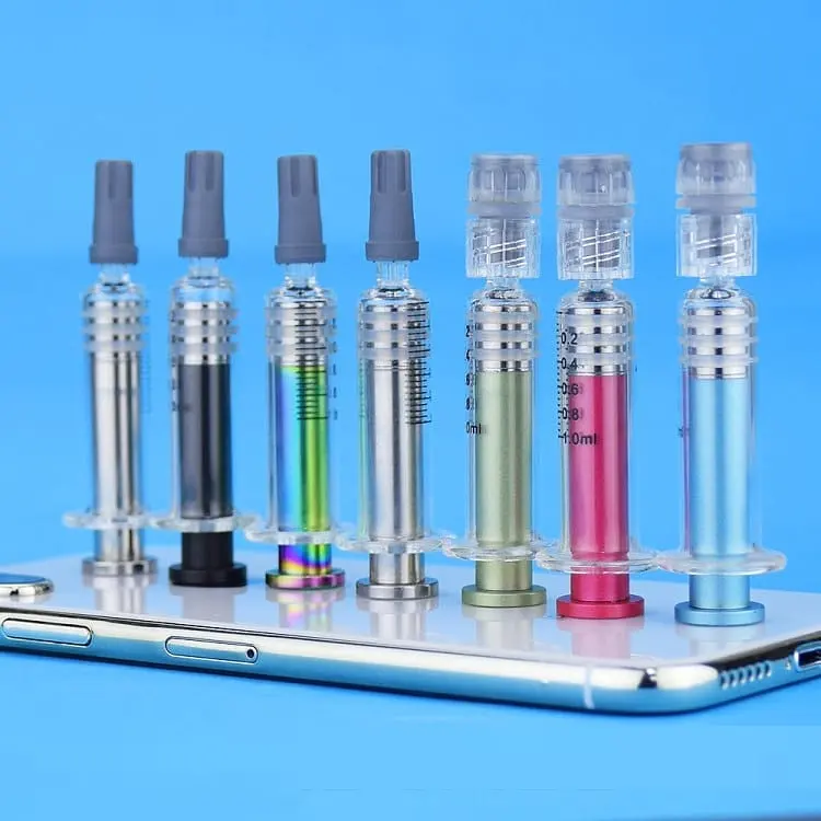 Custom Safety 1ml Luer Lock Glass Syringe Injector with Colored Metal Twist Plunger for DAB Vape Thick Cbd Oil