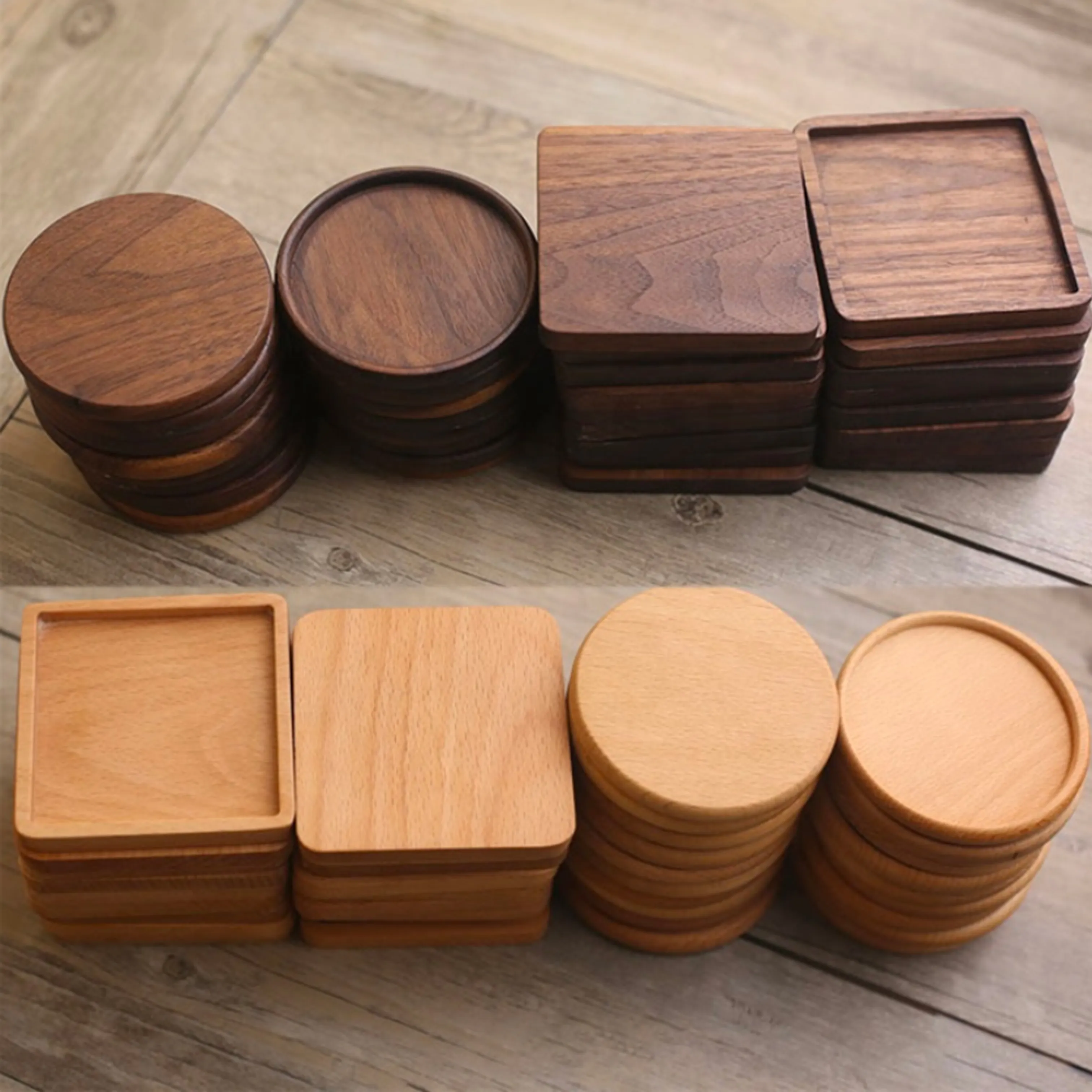 Custom Round Square Blank Bamboo Walnut Wooden Drink Tea Coffee Cup Coaster Set