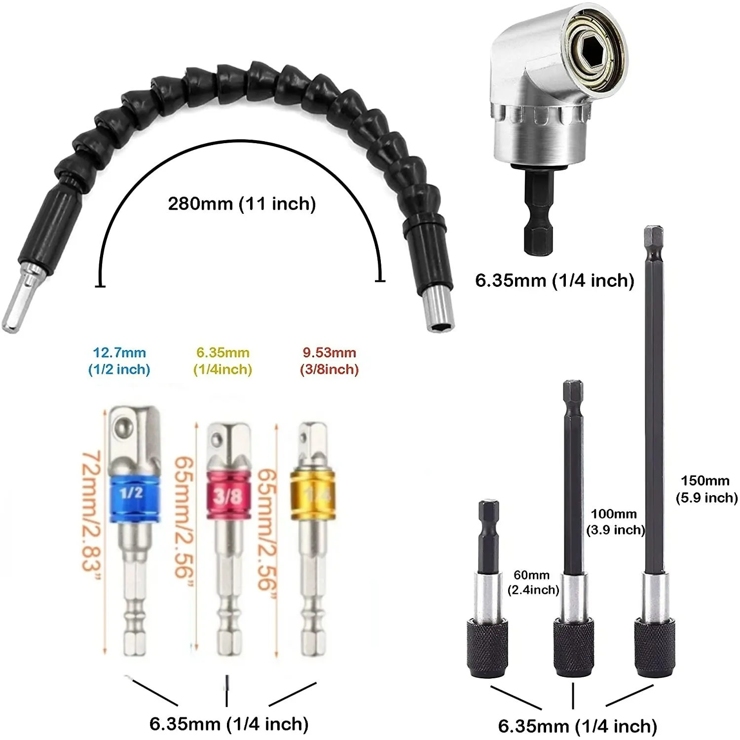 1/4 3/8 1/2" Universal Socket Adapter Set 105 Degree Right Angle Drill Adapter 3pcs Screwdriver Bit Set 3pcs Drill Bit Holder