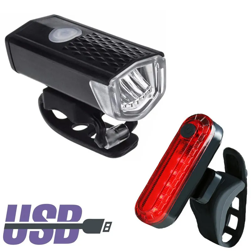 2pcs Bike Lights Rechargeable 300 Lumens Bicycle LED Lights Front Headlight + Rear Taillight Bicycle Flashlight Warning Lights