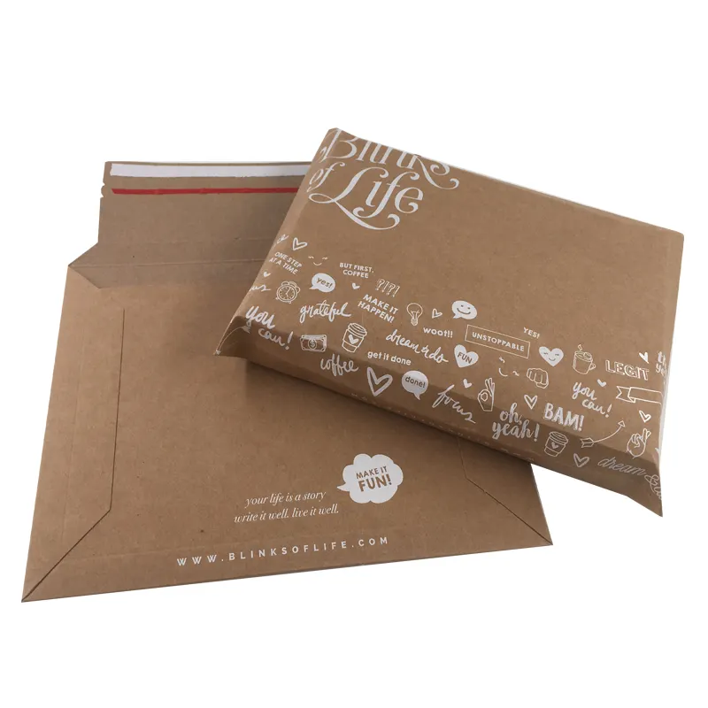 custom logo printed rigid book sticker art prints packaging cardboard brown kraft paper mailer envelopes with peel & seal