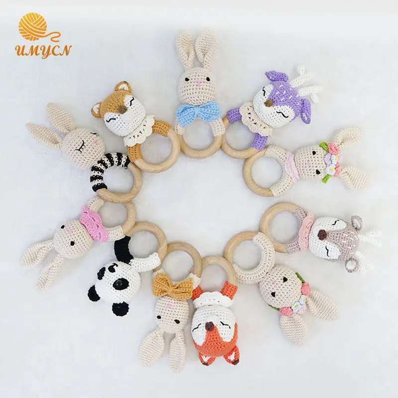 Wholesale Natural Wooden Baby Toys Cotton Crochet Animal Ring Rattle Teethers