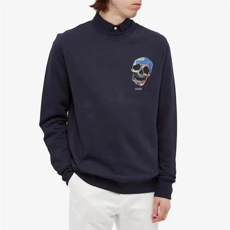 OEM custom 100% organic cotton blue plain jogging sport skull sweatshirt for men