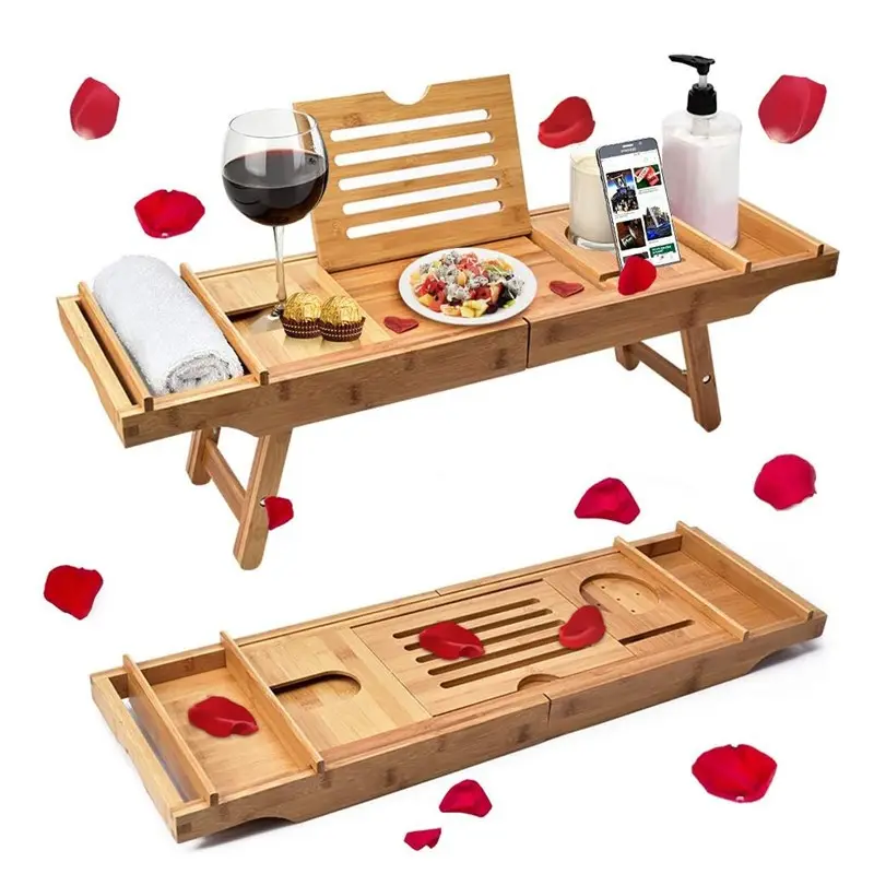 AHOME CRAFT WOOD Luxury Bathtub Caddy Tray 1 Or 2 Person Bath And Bed Tray Bath Tub Table Caddy With Extending Sides