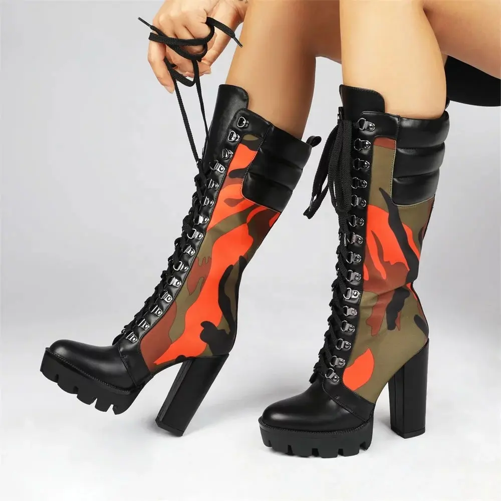 Fashion Camouflage Print Long Boots Winter Thick Heel Platform Mid-Calf Knee High Boots female shoes