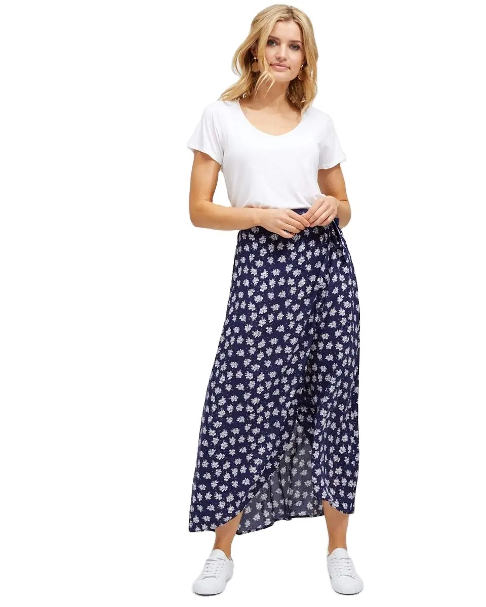 2020 Summer Hot Selling Printed Rayon Navy Floral Women Elastic Waist Postpartum Wrap Skirt