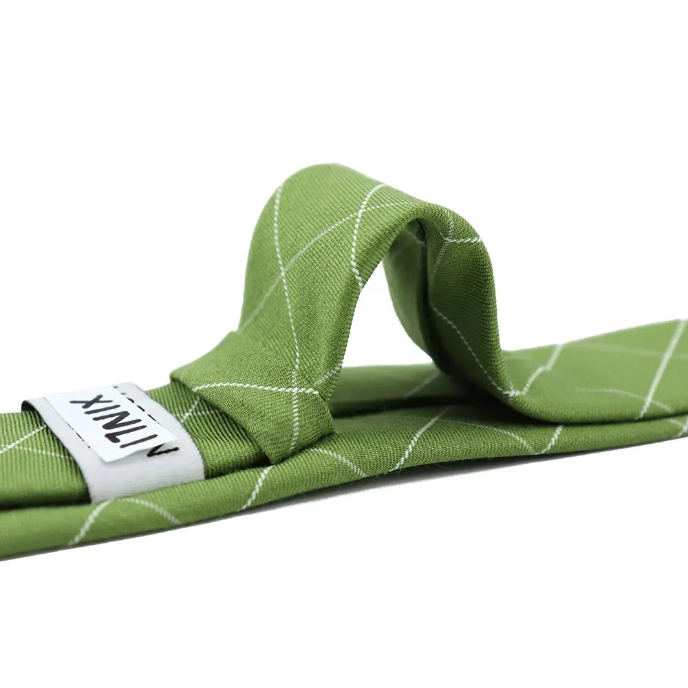 Wholesale Green Cotton Woven Jacquard Plaid Necktie Customized Label Students Slim Skinny Neckties