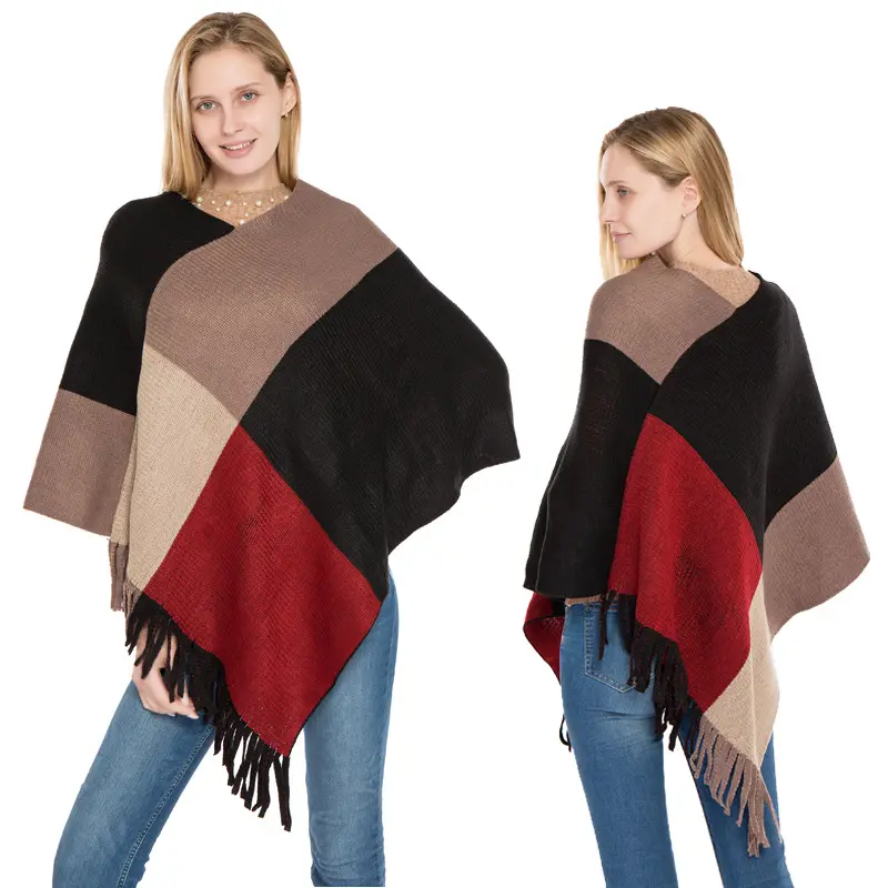 fashion multicolor big size knitted tassel poncho with checked winter warm v- neck sweater 100% acrylic shawls