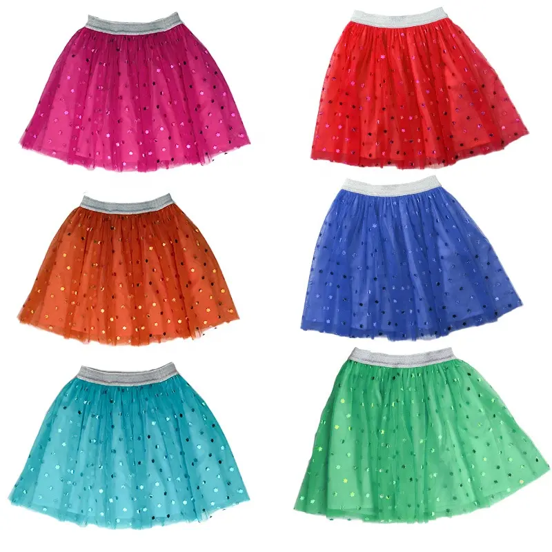 Fashion Apparel Factory Custom Sparkling Foil Printed Tutu Girls Tulle Mesh Skirt For Wholesale