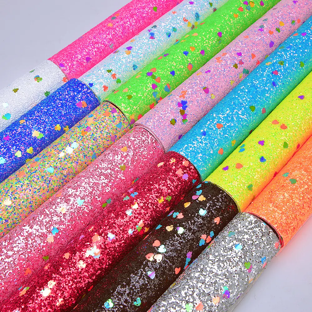 SR21064 Sparkle Colorful Heart Sequins Faux Leather Roll Thick 3d Pastel Mix Chunky Glitter Fabric pu Glitter Canvas