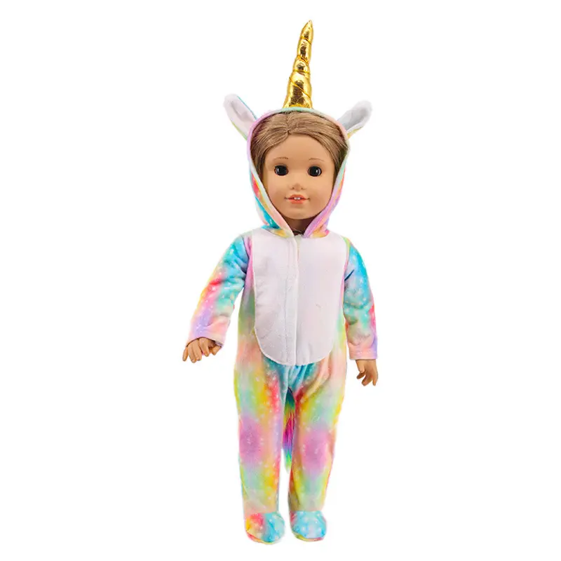 Рождественская Кукла Одежда Костюм единорога, Пижама-комбинезон, цвета радуги бант для волос заколки для волос 18 дюймов девочка кукла