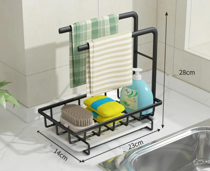 Aligan home 2 pole Kitchen Sink Organizer Sponge Holder with Towel Rack Drain Pan for Bathroom Storage Brush Soap Dish drying