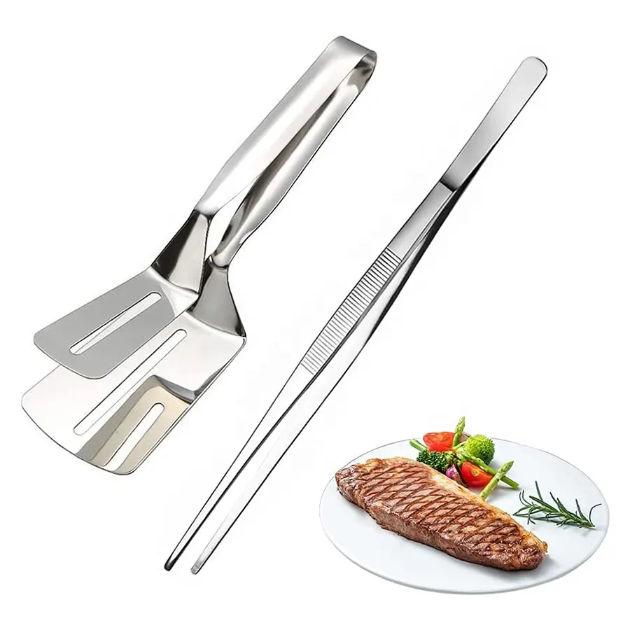 Multi functional BBQ Cooking Spatula Food Tongs Tweezers Set Stainless Steel Fish Flat Turner Steak Spatula Clip for Kitchen
