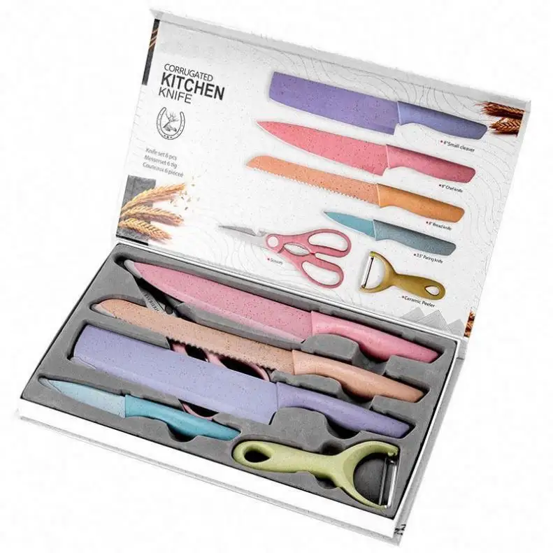 Colorful Kitchen Knives Set of 6 Pieces, Non-Stick Blades with High Carbon Stainless Steel and Wheat Straw Handle