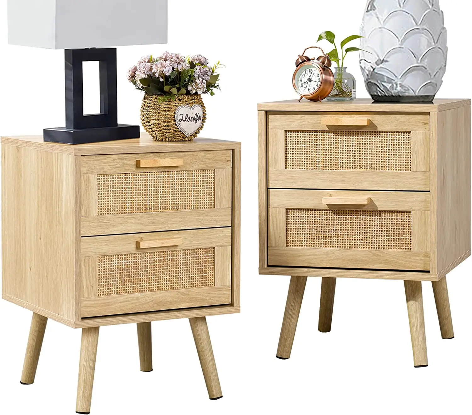 2 sets rattan Bedside Table Nightstand Unit modern with 2 Hand Made Rattan Decorated Drawers