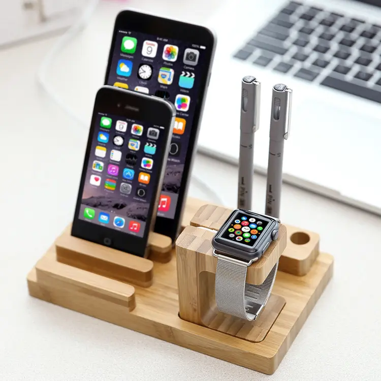 Multi Device USB Charging Station Dock Woodcraft Bamboo Charger Stand for Cell Phones Tablets for Apple Watch