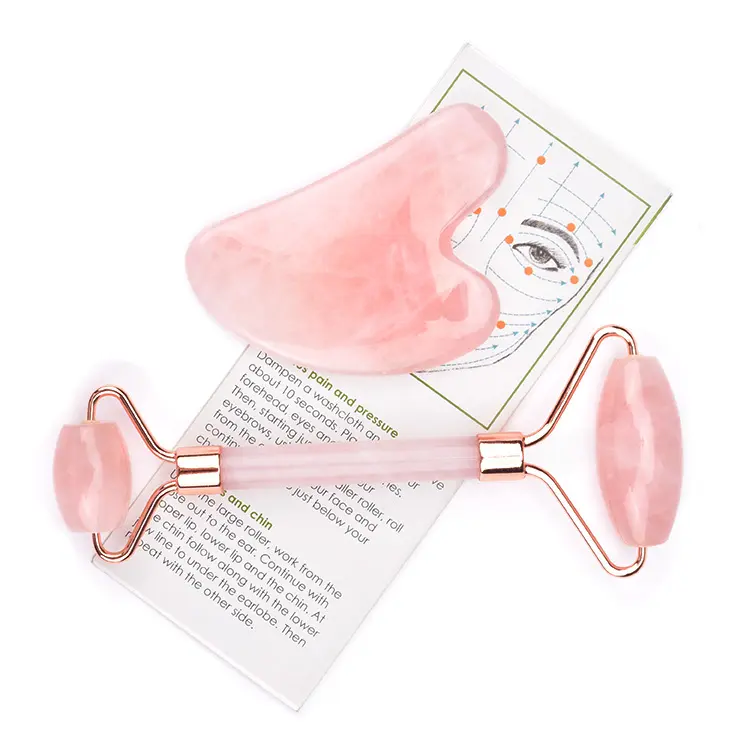 Hot Sales Noise Free Massage Jade Roller Pink Rose Quartz Gua Sha Kit Facial Custom Logo With Box For Home Use Handmade