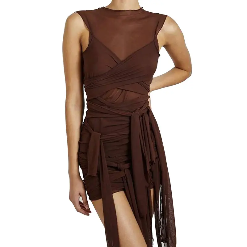 Женское Сетчатое мини-платье составного кроя, однотонное Бандажное платье без рукавов, Осень-зима 2020