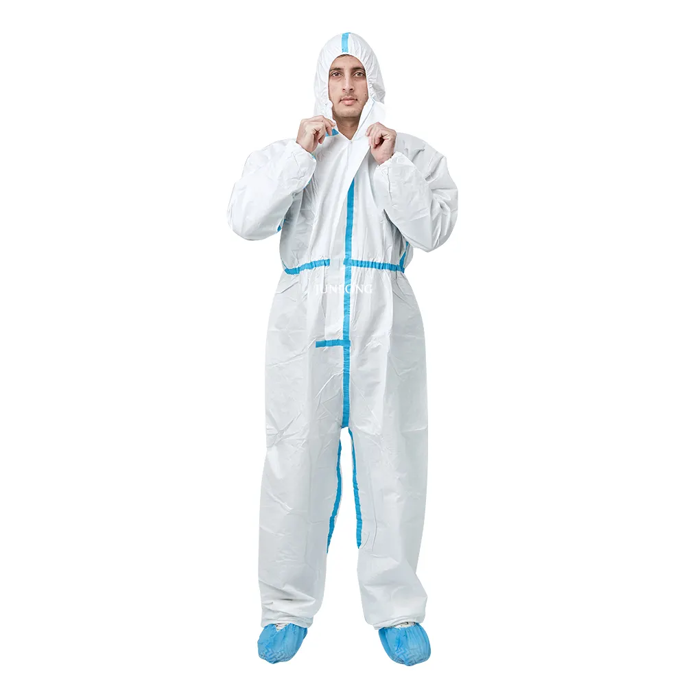 Junlong Chinese  supplier of  Cat III Type 4B Disposable White Coverall with blue  Tape