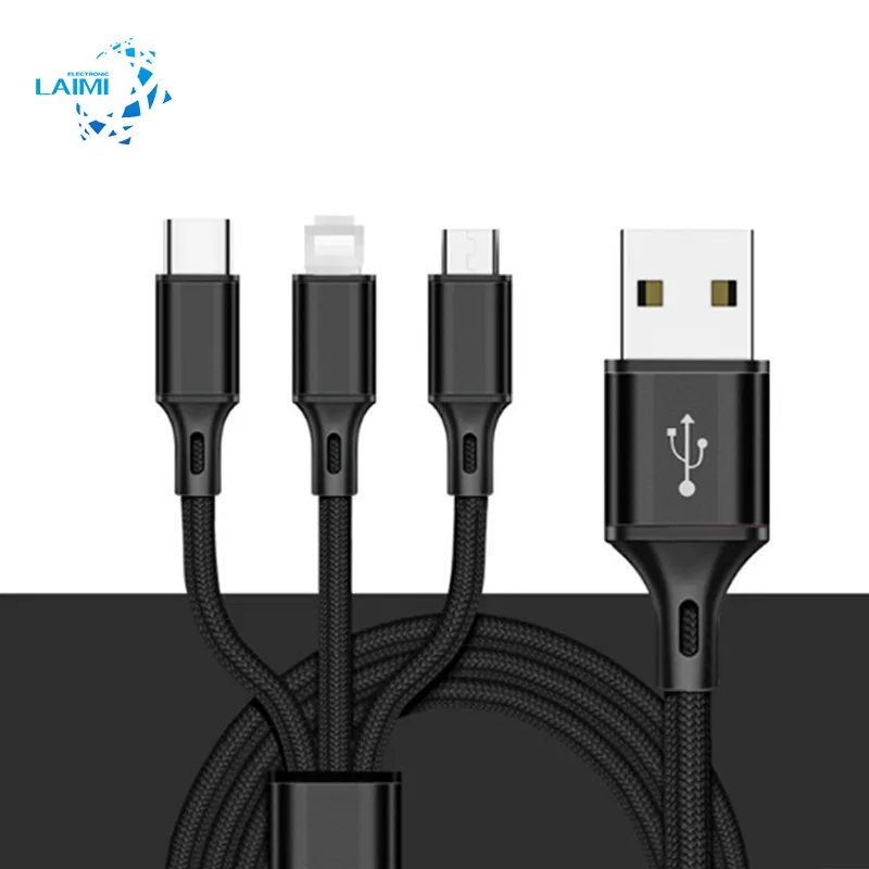 LAIMI плетеный нейлоновый быстрый USB 3 способа микро USB кабель для передачи данных 3 в 1 мобильный телефон USB кабель для зарядки для iphone Huawei Android