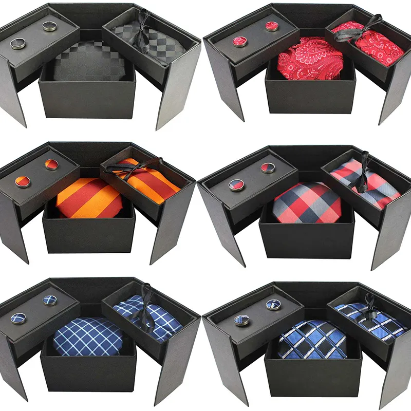 Высокое качество подарочная коробка мужской галстук-бабочка, комплект с платок и запонки 38 разных цветов в полоску и клетку 8 см галстуки носовой платок