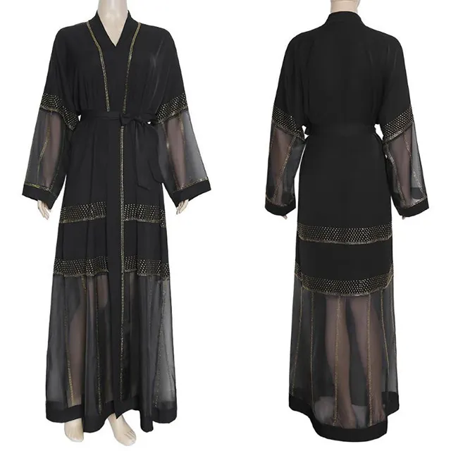 Этническая одежда со стразами, Открытое платье Абайи, кимоно, Сетчатое черное мусульманское платье с длинными рукавами, кардиган из Дубая, одежда из Турции