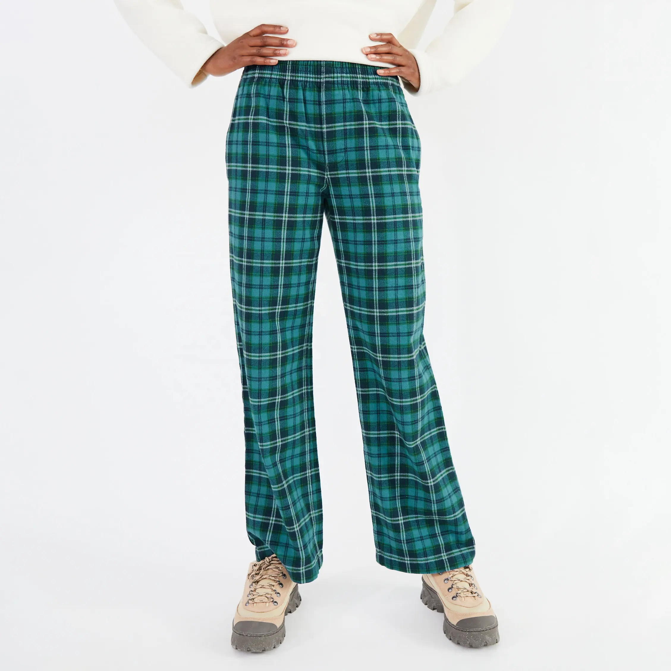 Fashion Mid-rise back pockets flannel elastic waist yarn-dyed plaidpants 100% organic cotton plaid sweatpants woman
