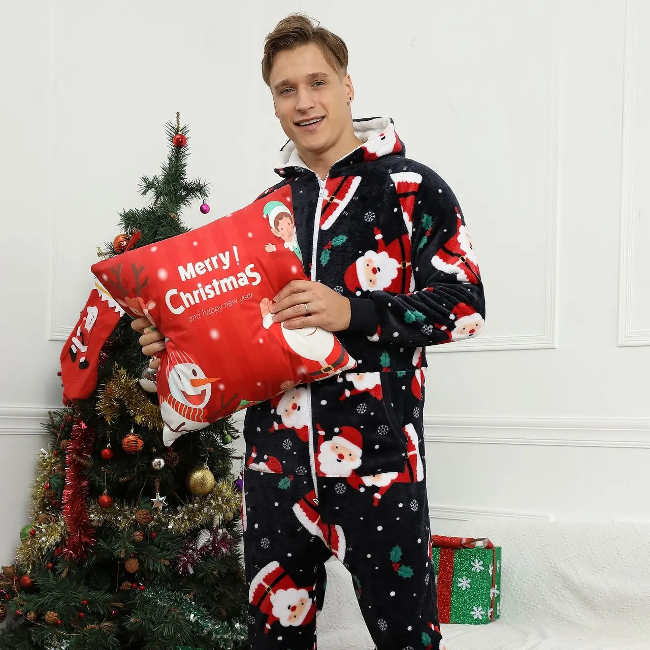 Mens Christmas Printed Flannel One Piece Pyjamas Adult Christmas Sleepwear