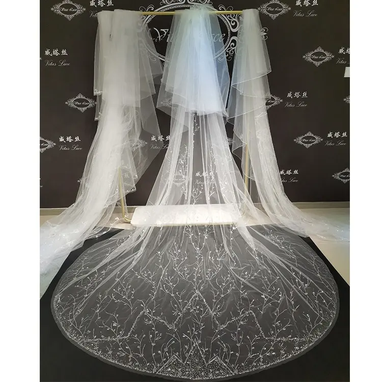 Wholesale Price Bridal Wedding Dress Accessories Beaded Lace Veil Long White Korea Style In Stock