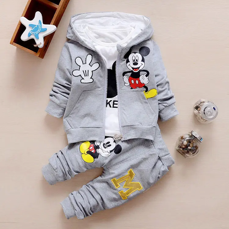 3 Piece Clothing Set for Boys Girls Spring Autumn Mickey Printing Hooded Coat Long Sleeve T shirt Pant Sportswear Kids Clothes