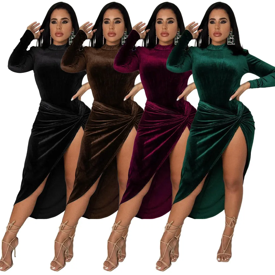 KX-GL6526 Autumn hot sale turtleneck bodysuit top 2 piece set skirt sexy nightclub high slit velour two piece set