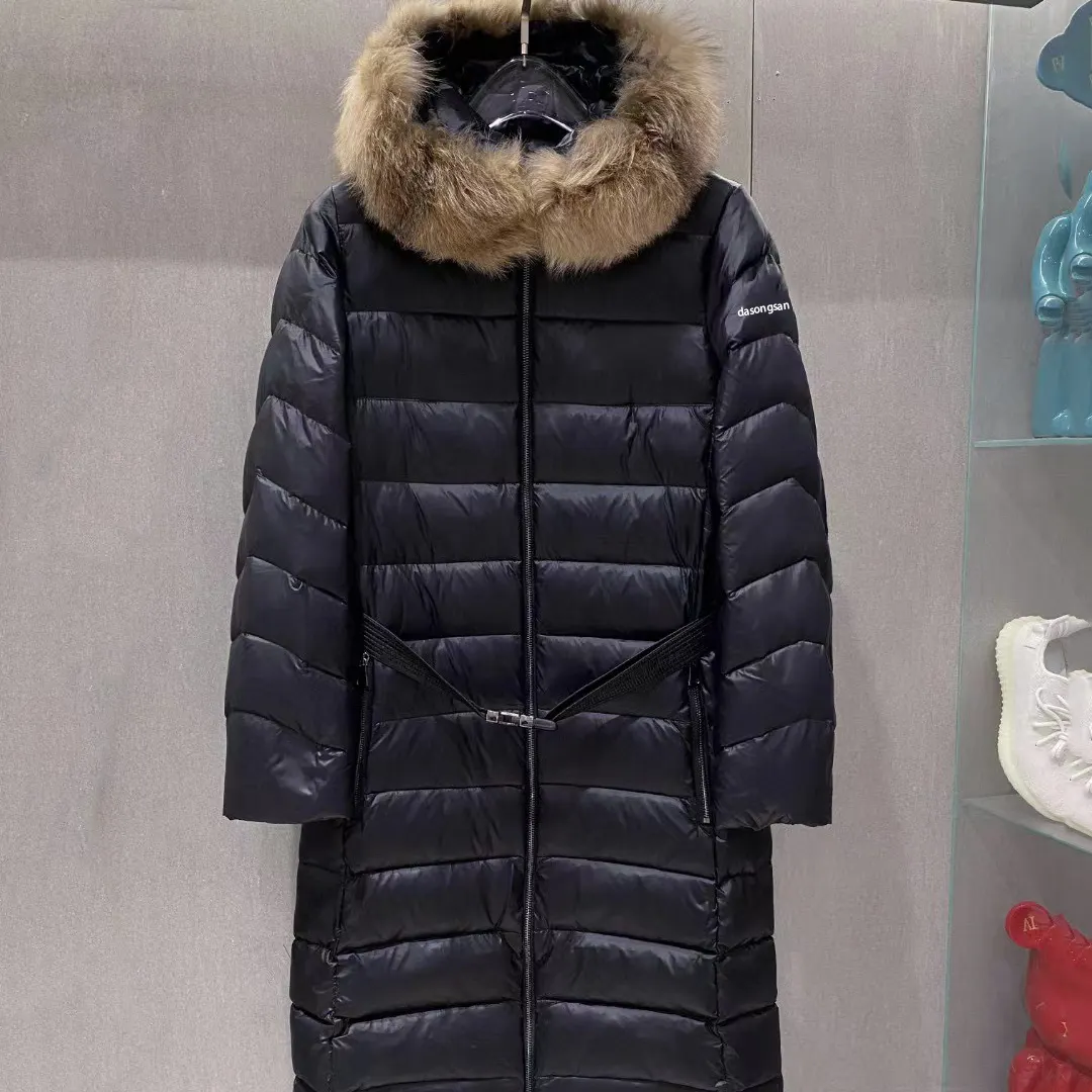 Женское длинное зимнее пальто, женская пуховая парка, длинная пуховая куртка, черная куртка-пуховик большого размера, Женская парка с капюшоном из лисьего меха