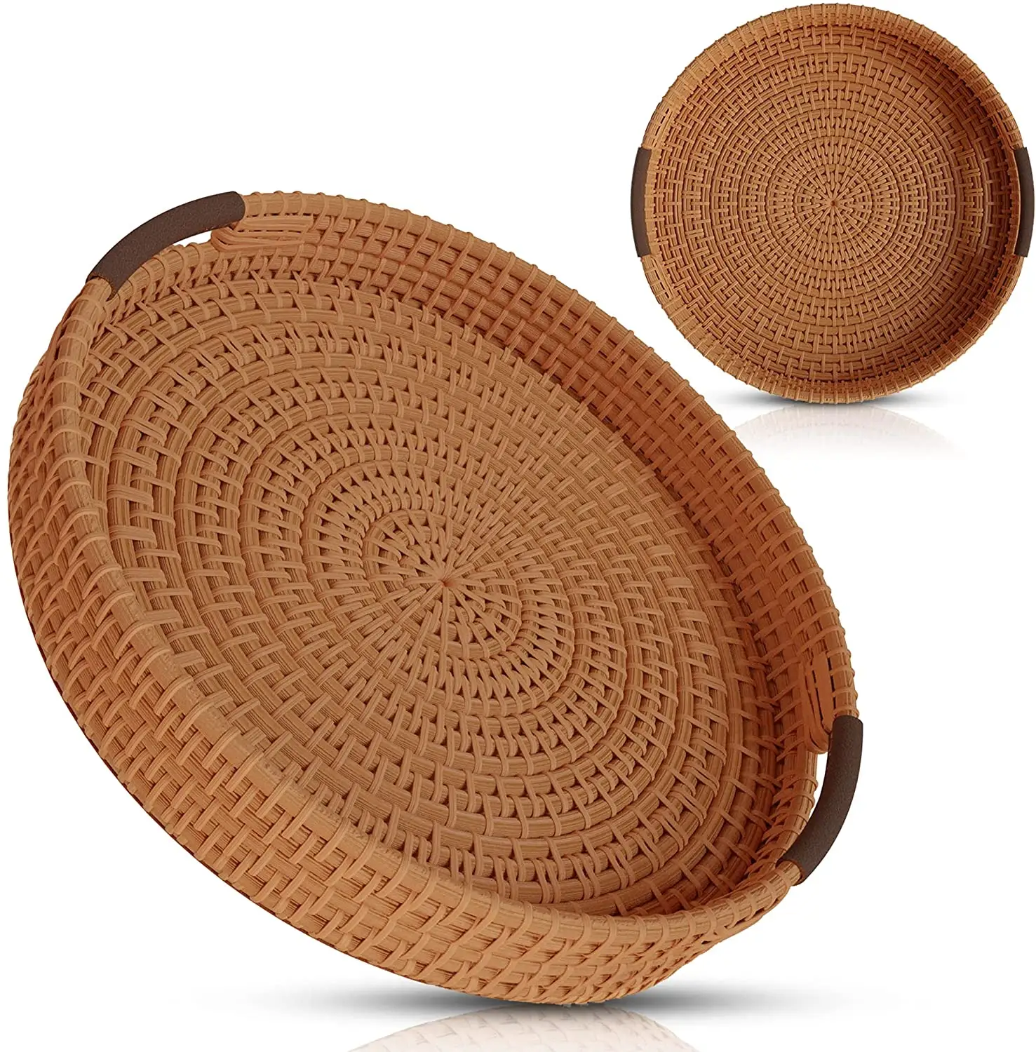 Round Wicker Rattan Tea Tray - Decorative Straw Bread Basket - Small Woven Decor Circle Trays with Leather Handles for Kitchen a