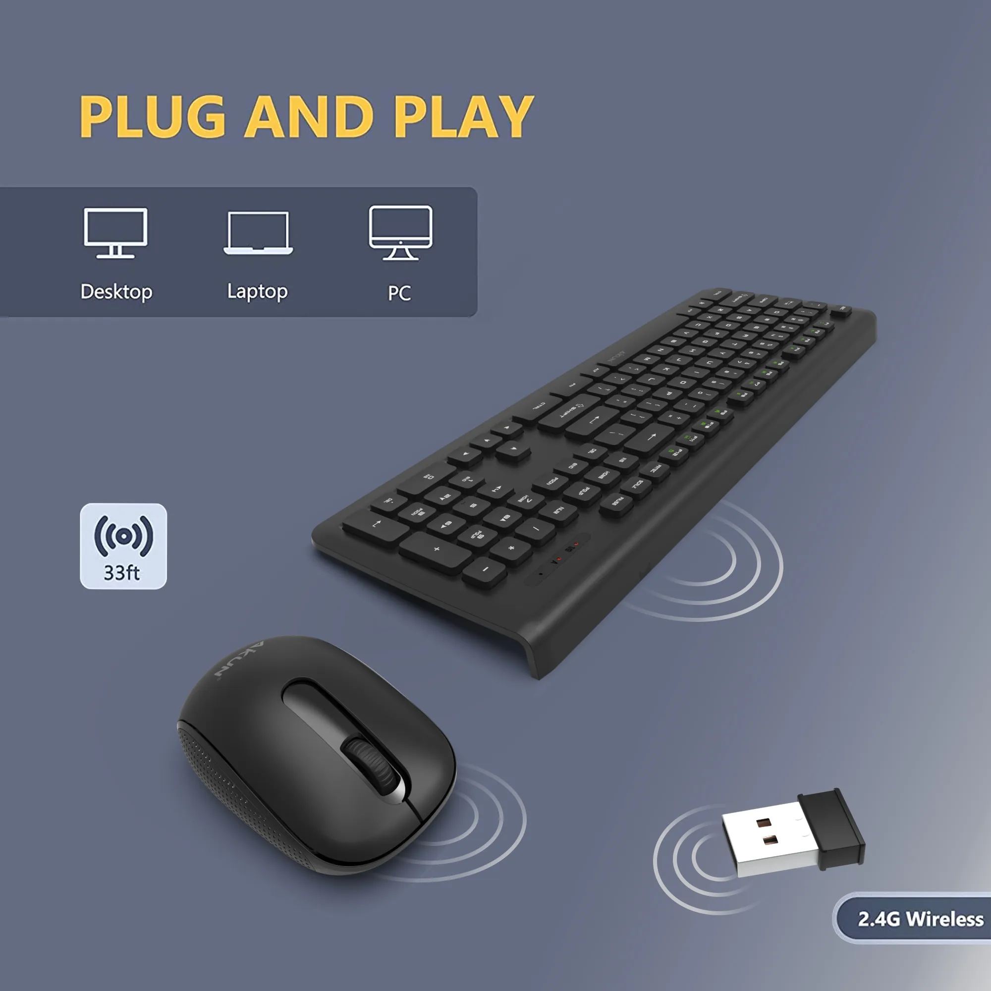 AIKUN Wireless Office Keyboard And Mouse Combo-Full Size 2.4G Thin Profile Plug And Play 1200 DPI BX6200 Black
