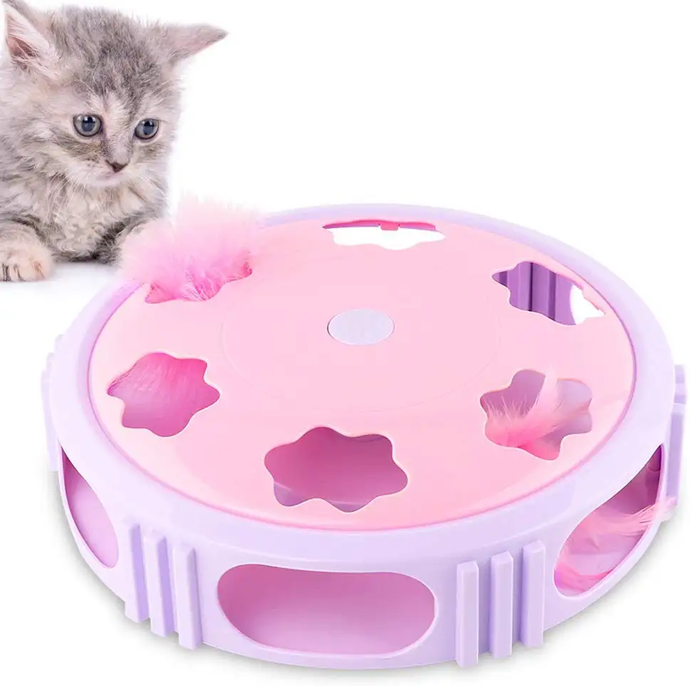 Interactive Cat Toy Automatic Teaser Toy for Your Cat Training Cat Squeaky Mouse Toy with Feather Bell and LED Light Stimulate