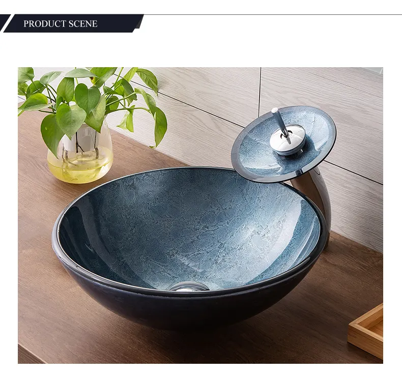 Hot Product Cabinet Set Gray Blue Foil Tempered Glass Vessel Sink Bathroom Bowl Wash Basin