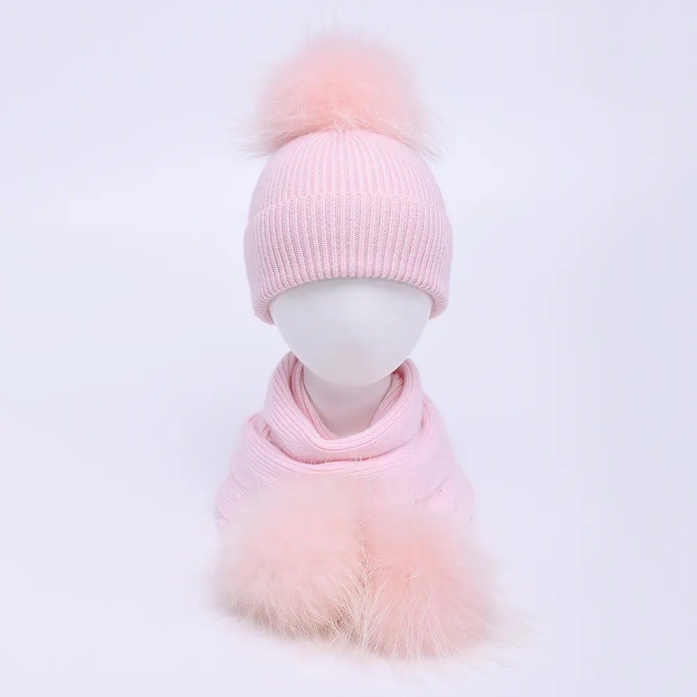 Raccoon Fur Pompom Kids Hat and Scarf Set Private Label Winter Hat and Scarf for Kids Cashmere Knit Beanies with Scarf Kids