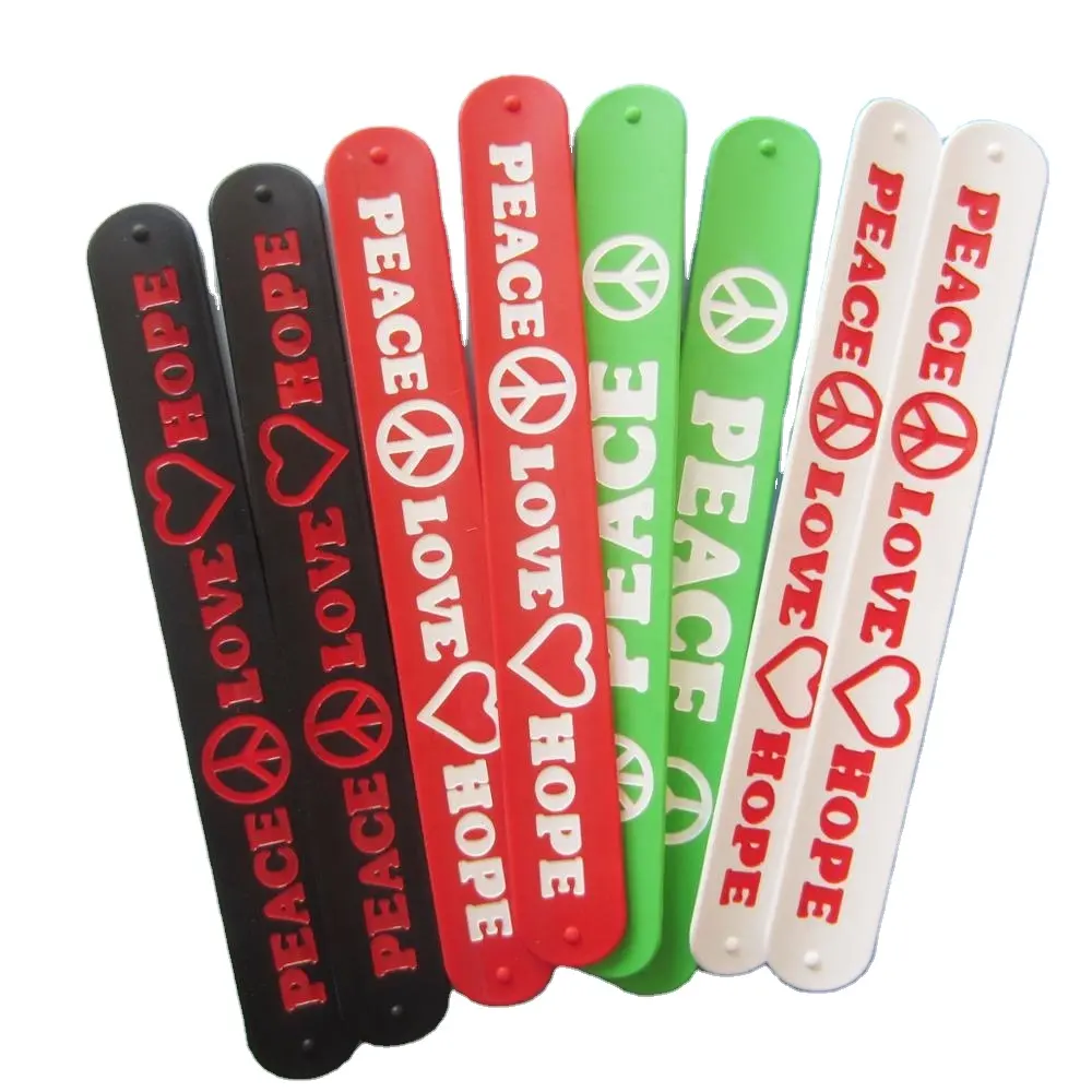 Customized Colorful 100% safety Color filled Printing Rubber Slap Band Silicone Snap Wrist Bracelet