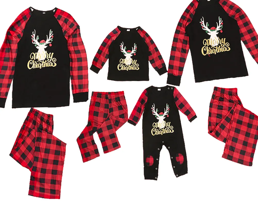 Wholesale Sleepwear Plaid Casual Christmas Pajamas Family Loungewear 2 Piece Baby Rompers Cartoon Deer Homewear Set