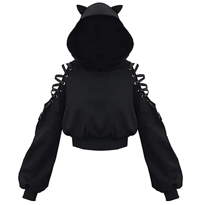 Custom cat with ear short hoodie for women black style string long sleeve hoodies