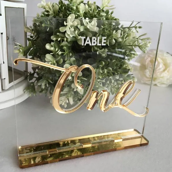 2021 Freestanding Table Signs Gold Mirror Clear Acrylic Place Card Standing Weeding Laser Cut Acrylic Numbers