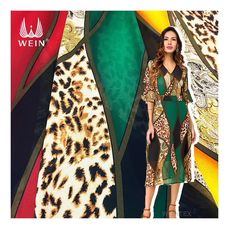 WI-A04 High quality animal print leopard beaded chiffon fabric textile for dress