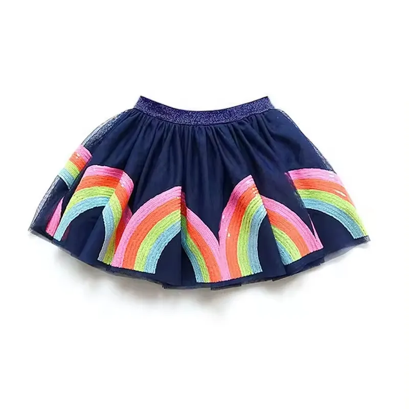 Радужная детская юбка-пачка выше колена с блестками для девочек темно-синего цвета