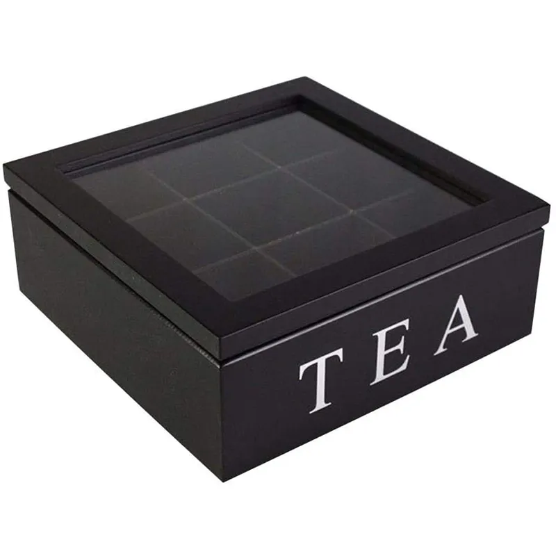 Wooden Tea Storage Chest Box with 9 Compartments and Glass Window