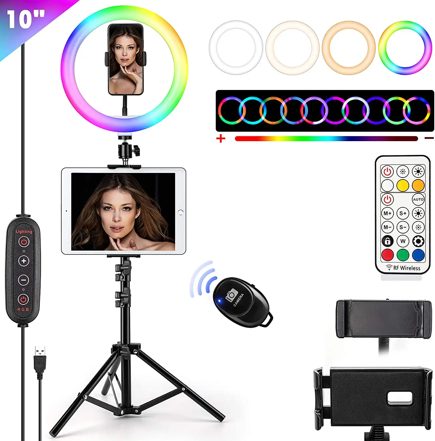 JACKYLED 10" RGB Selfie Ring Light with Tripod Stand   Phone Holder Dimmable LED RGB 26 Colors Changing Flash Ring Light