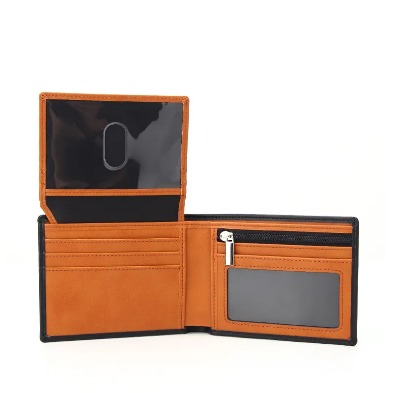 Европейский дизайн, короткий тонкий кошелек, индивидуальный откидной RFID-кошелек с блокировкой двойного сложения, мужской кошелек из искусственной кожи с отделением для карт