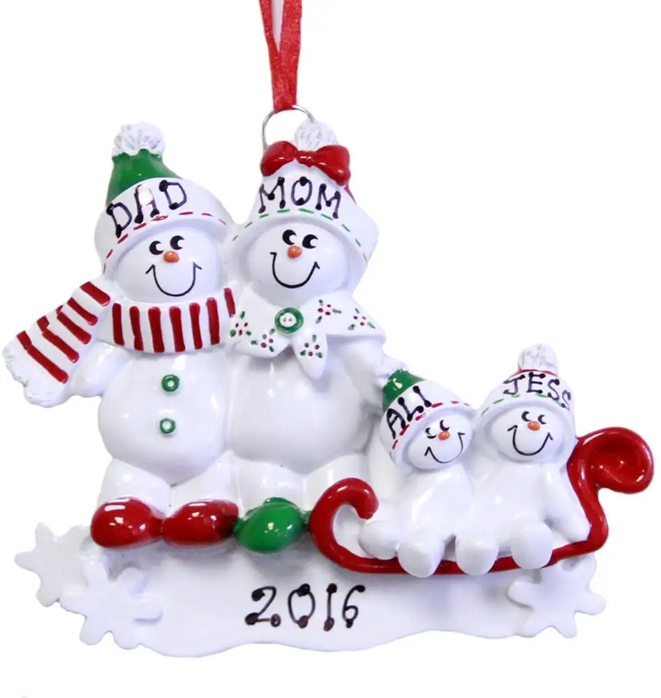 Персонализированная семья из 4 снеговиков на санях, Рождественское украшение 2021