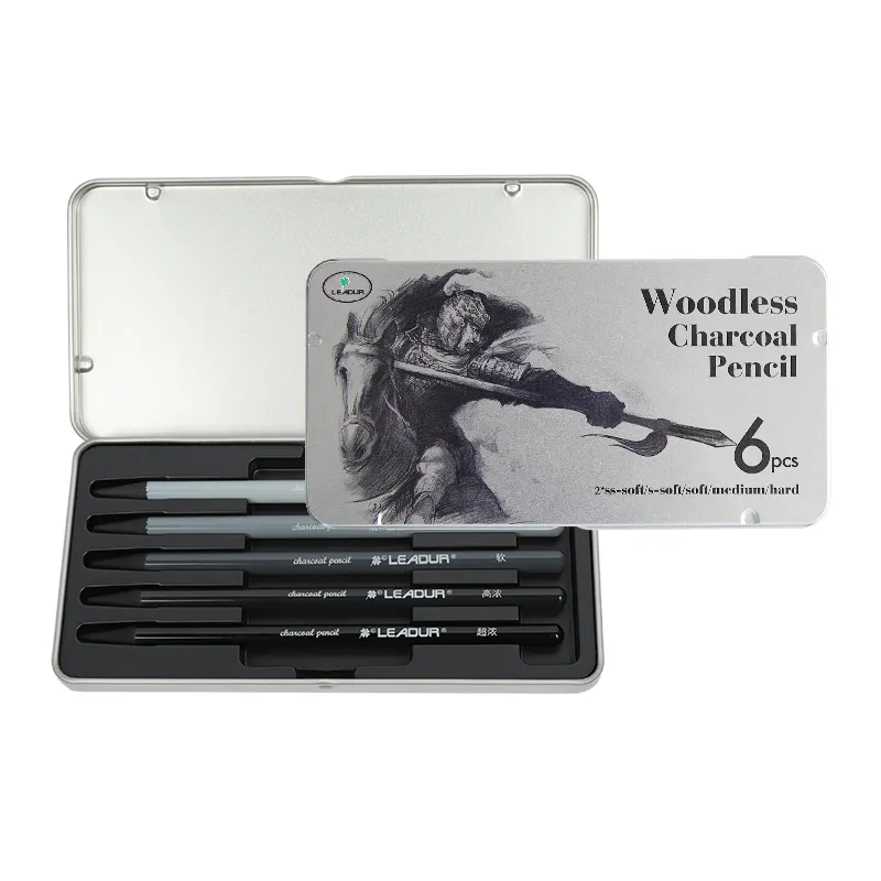 Professional Sketch Drawing Pencil Iron Box 12pcs Sketch Graphite Charcoal Pencil Woodless Charcoal Pencil